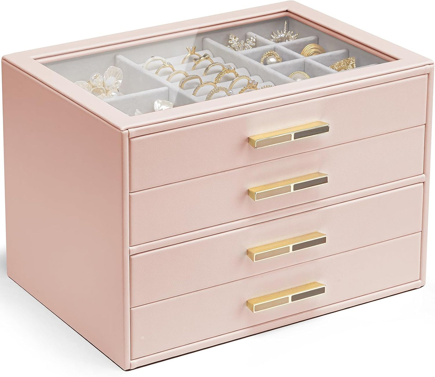 Vlando Jewelry Box for Women, Glass Lid Jewelry Organizer with 3 Drawers for Necklaces Rings Earrings Bracelets Mother Day Gift for Mom - Cloud White