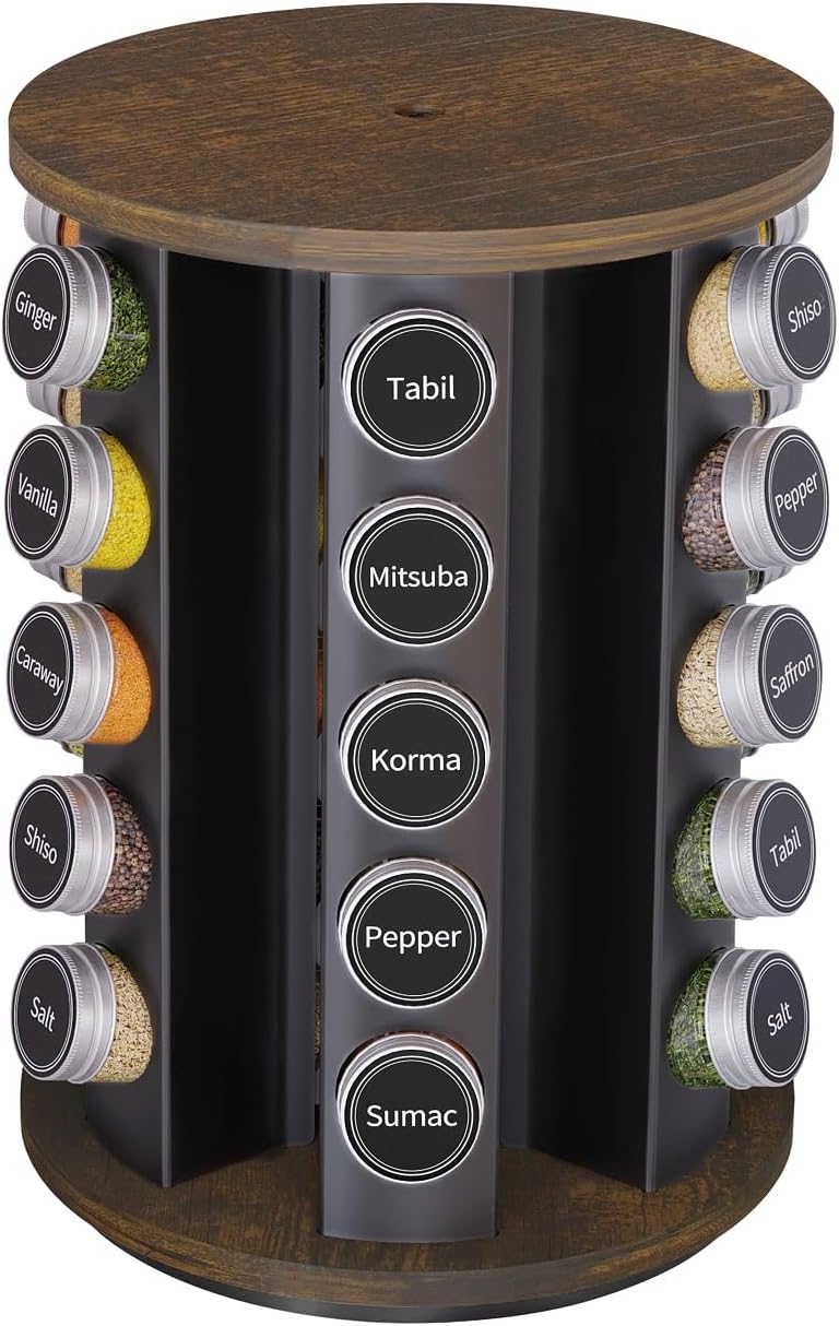 New England Stories Revolving Spice Rack Set with 20 Spice Jars, Kitchen Spice Tower Organizer for Countertop or Cabinet - Carousel Storage Includes 386 Spice Labels (Bamboo)
