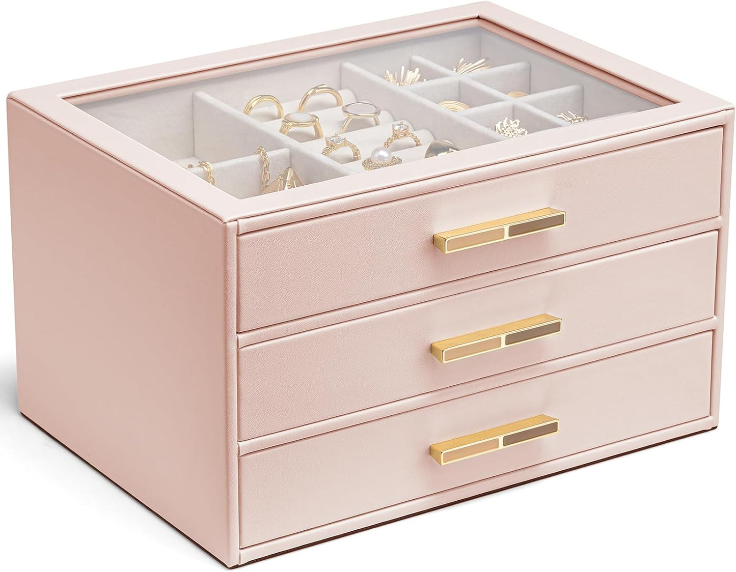 Vlando Jewelry Box for Women, Glass Lid Jewelry Organizer with 3 Drawers for Necklaces Rings Earrings Bracelets Mother Day Gift for Mom - Cloud White