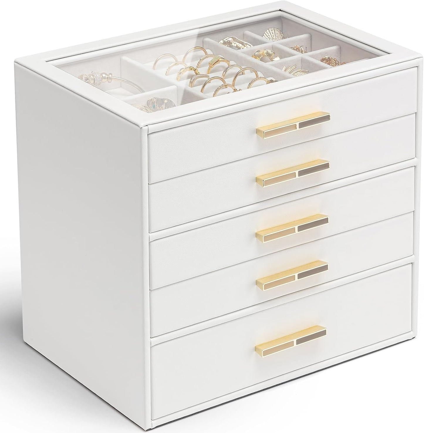 Vlando Jewelry Box for Women, Glass Lid Jewelry Organizer with 3 Drawers for Necklaces Rings Earrings Bracelets Mother Day Gift for Mom - Cloud White