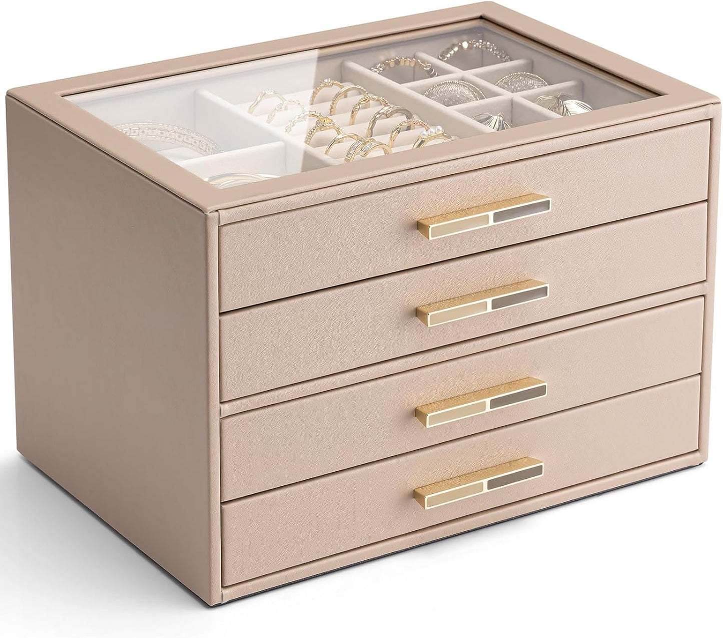 Vlando Jewelry Box for Women, Glass Lid Jewelry Organizer with 3 Drawers for Necklaces Rings Earrings Bracelets Mother Day Gift for Mom - Cloud White