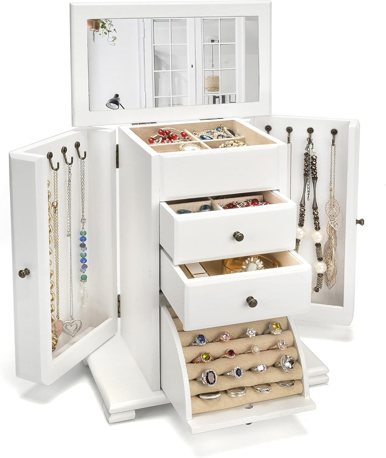 Emfogo Jewelry Box for Women, Rustic Wooden Jewelry Boxes & Organizers with Mirror, 4 Layer Jewelry Organizer Box Display for Rings Earrings Necklaces Bracelets (Rustic Brown)