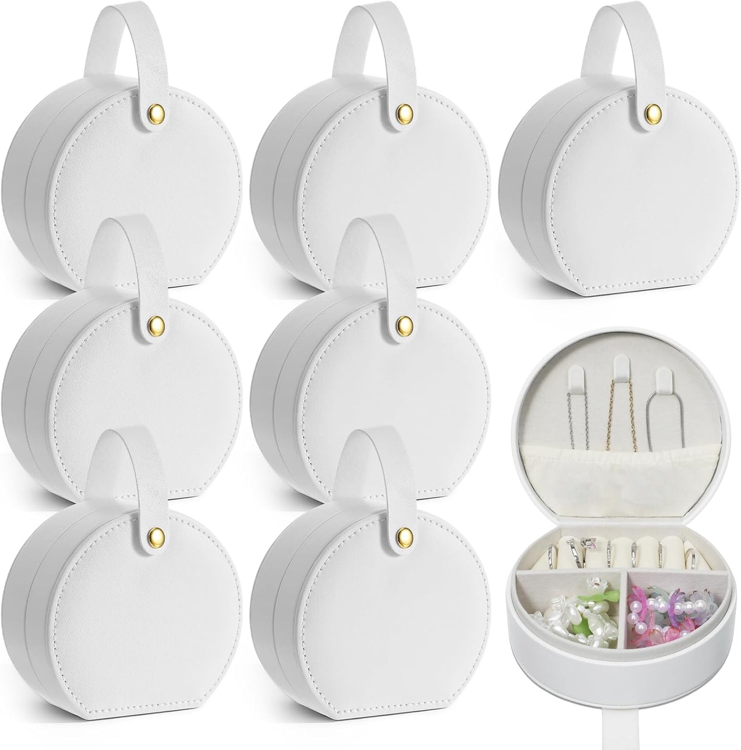 8 Pack Travel Jewelry Case, Bridesmaid Gift Boxes, Portable Mini Jewelrys Holder, Small Round Jewelry Box, PU Leather Small Earring Storage Organizer(White)