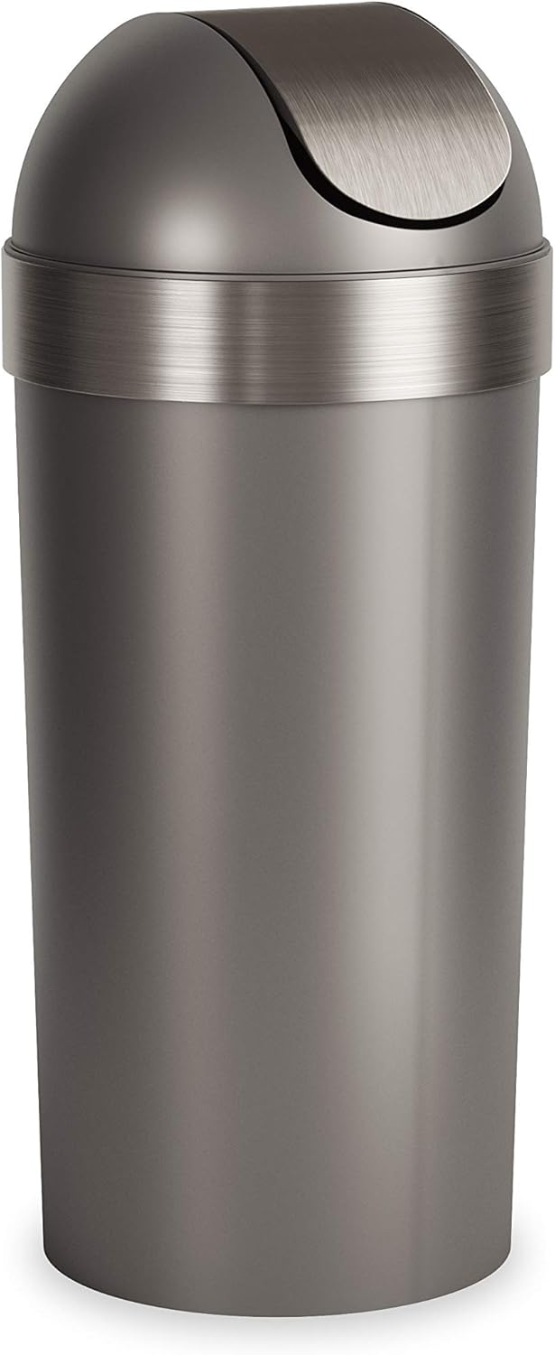 Umbra Vento Kitchen Trash Can with Open Top, Large 16-Gallon (62 L) Capacity, Black/Nickel