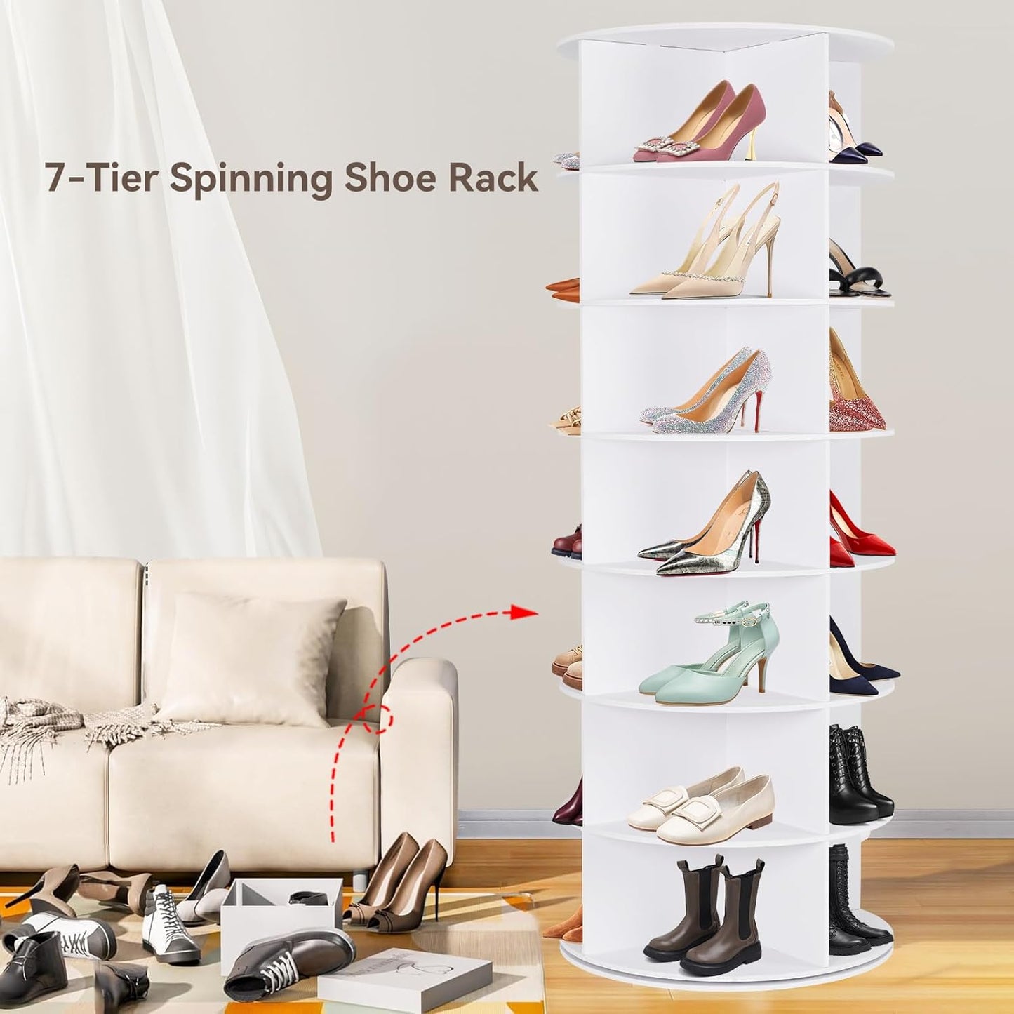 Rotating Shoe Rack Tower, 7 Tier 28 Pairs Large Shoe Storage Organizer, Space-Saving Free Standing Shoe Racks, 360° Revolving Round Shoe Rack for Closet Handbag Display, White