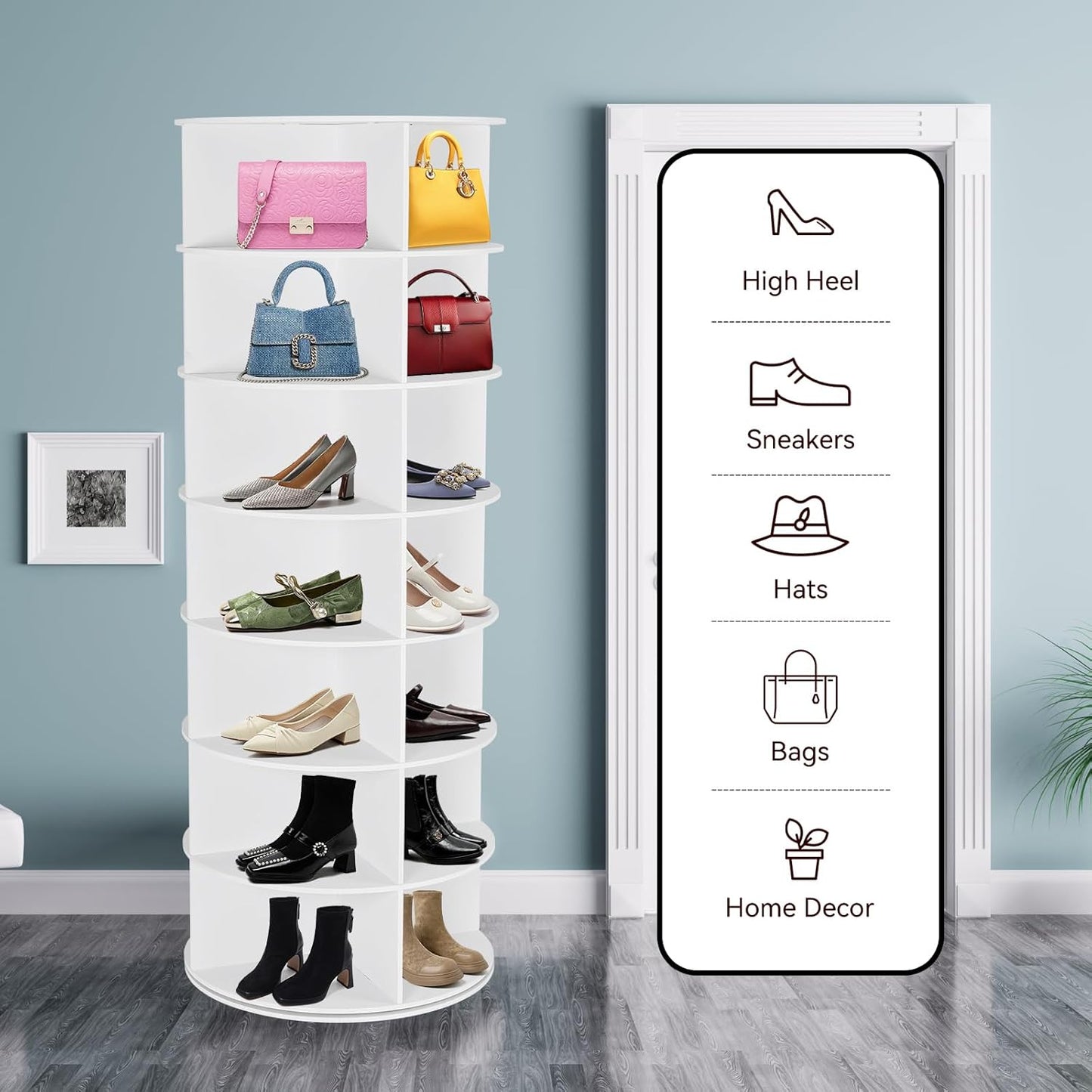 Rotating Shoe Rack Tower, 7 Tier 28 Pairs Large Shoe Storage Organizer, Space-Saving Free Standing Shoe Racks, 360° Revolving Round Shoe Rack for Closet Handbag Display, White
