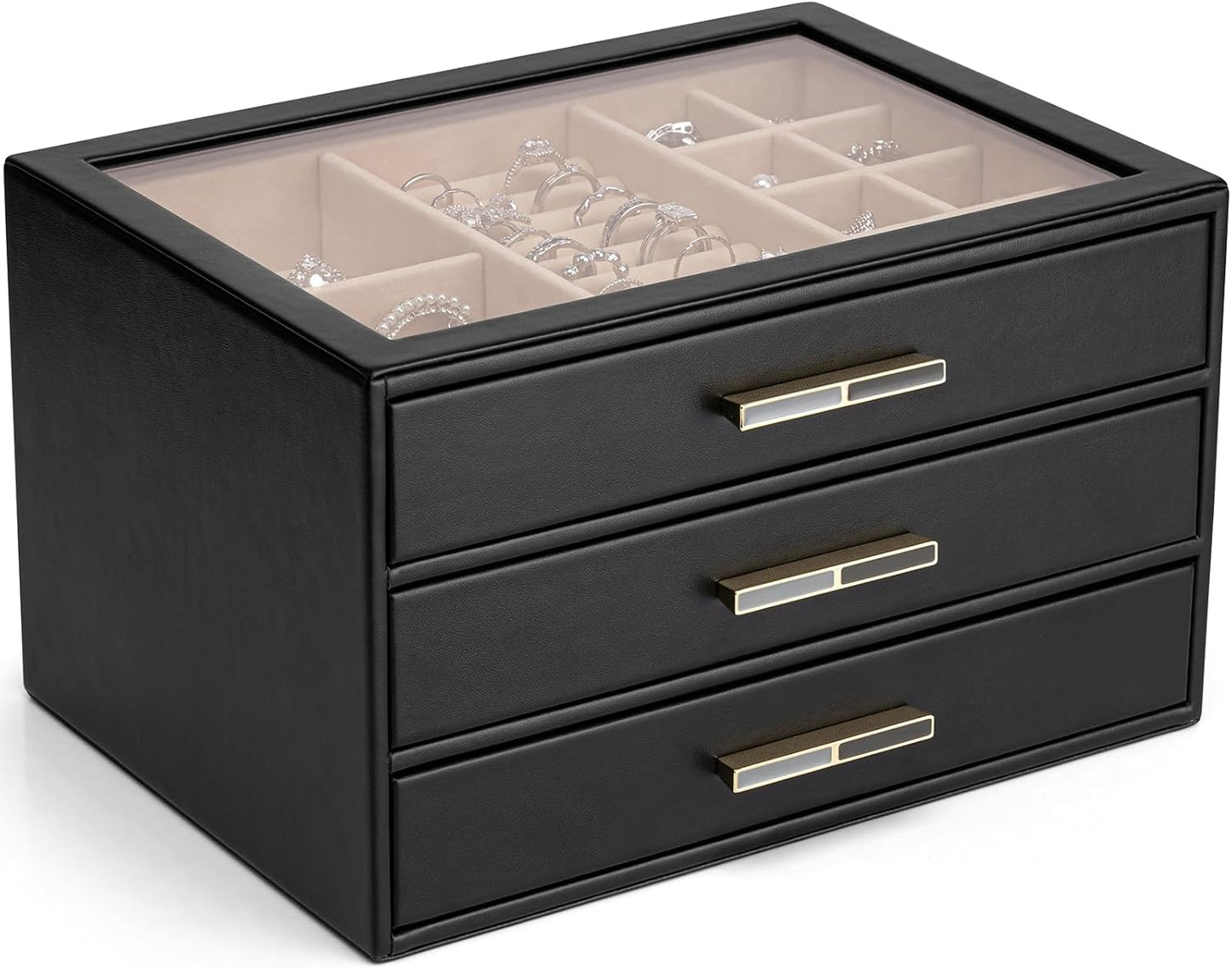 Vlando Jewelry Box for Women, Glass Lid Jewelry Organizer with 3 Drawers for Necklaces Rings Earrings Bracelets Mother Day Gift for Mom - Cloud White