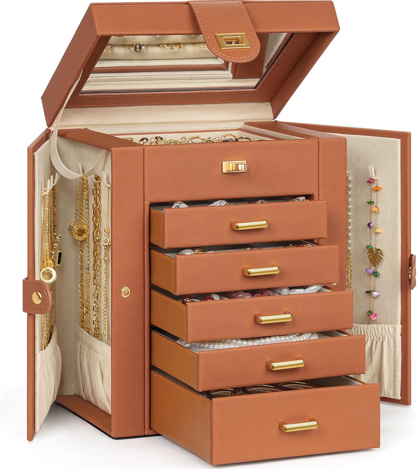 AKOZLIN Huge Jewelry Box Organizer Functional Lockable, Large Leather Jewelry Storage Case for Women Girls Ring Necklace Earring Bracelet Holder Organizer with Mirror