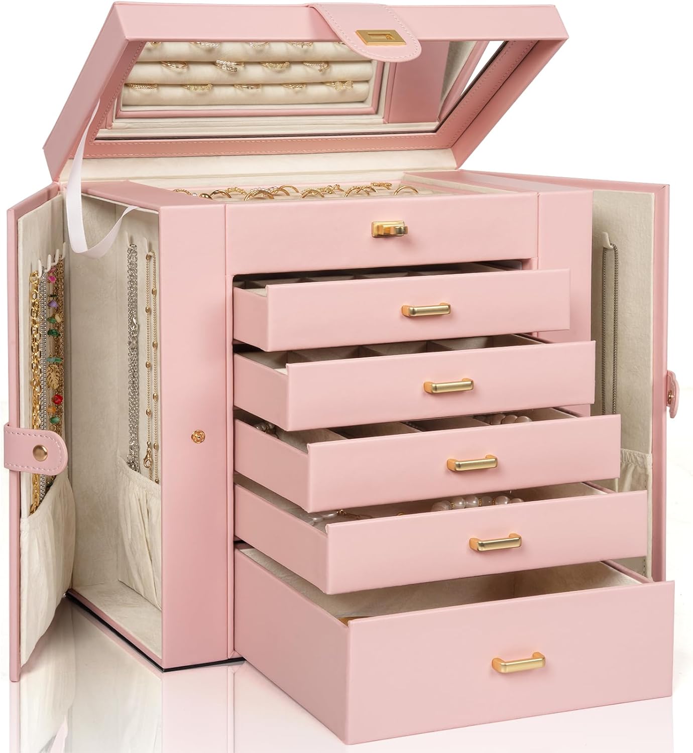 AKOZLIN Huge Jewelry Box Organizer Functional Lockable, Large Leather Jewelry Storage Case for Women Girls Ring Necklace Earring Bracelet Holder Organizer with Mirror