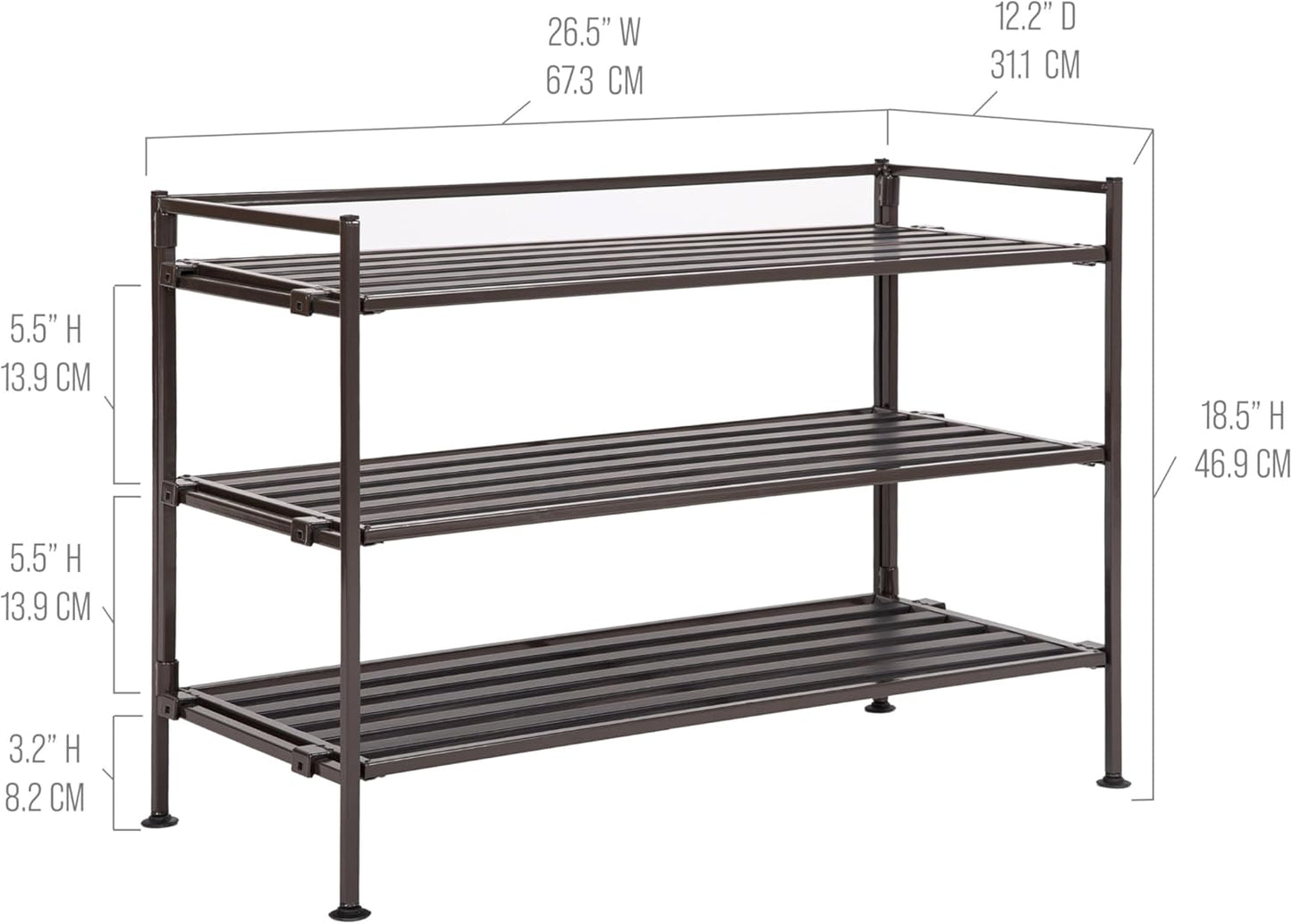 Seville Classics Sturdy Freestanding Storage Shelf for Bedroom, Closet, Entryway, Dorm Room Organizer, Stackable Durable Metal Shoe Rack, Espresso Slat, 3-Tier (2-Pack)