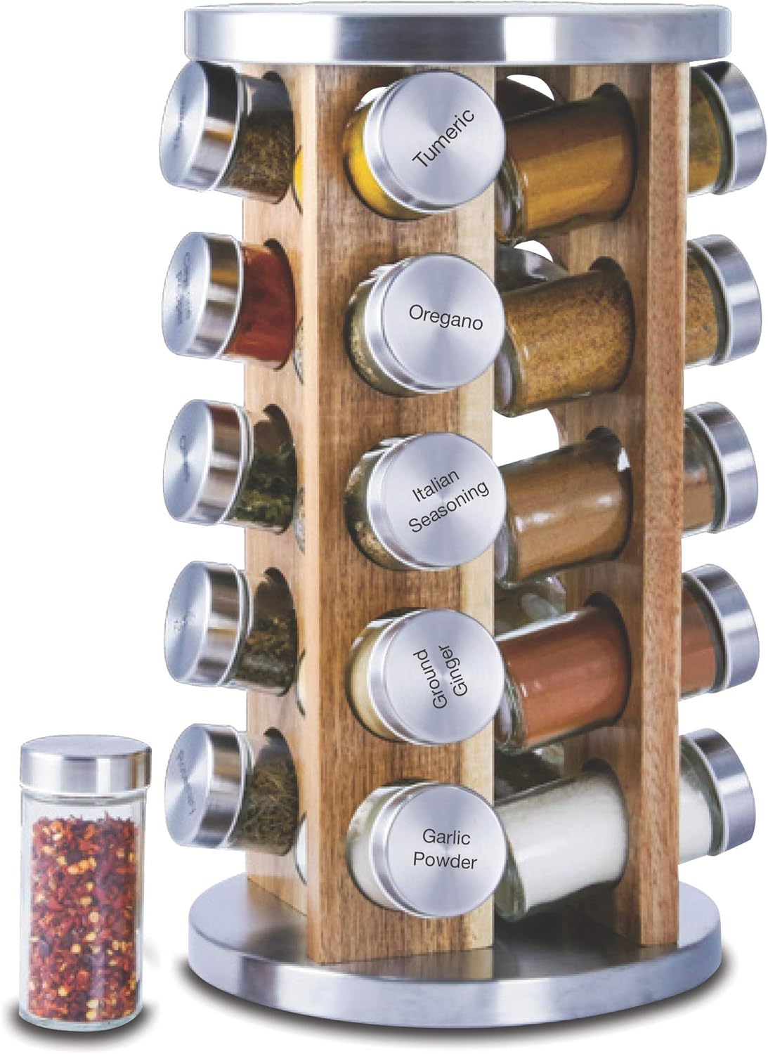 Orii 20 Jar Bamboo Spice Rack with Spices Included - Rotating Tower Organizer for Kitchen Spices and Seasonings, (Bamboo Wood)