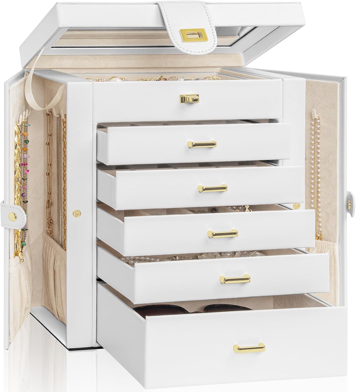 AKOZLIN Huge Jewelry Box Organizer Functional Lockable, Large Leather Jewelry Storage Case for Women Girls Ring Necklace Earring Bracelet Holder Organizer with Mirror