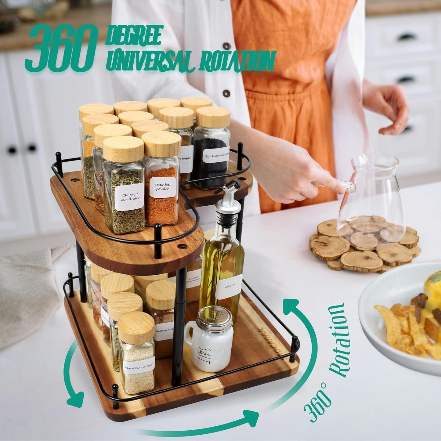 Acacia Wooden Spice Rack Organizer Lazy Susans Rotating Countertop 2 Tiered Display Shelf Kitchen Adjustable Height Spinning Spice Rack 11.8INCH Large Capacity