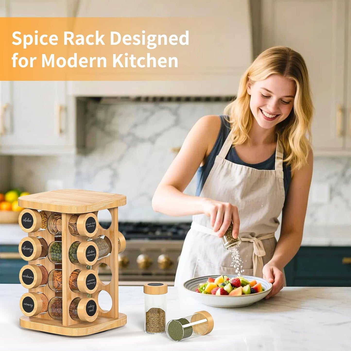 16-Jar Rotating Countertop Spice Rack Organizer,A Cabinet-Compatible Spice Rack Organizer,High-Aesthetic Wooden Countertop Tower Storage Box, Equipped With Reusable Diy Labels/Strainer/Marker