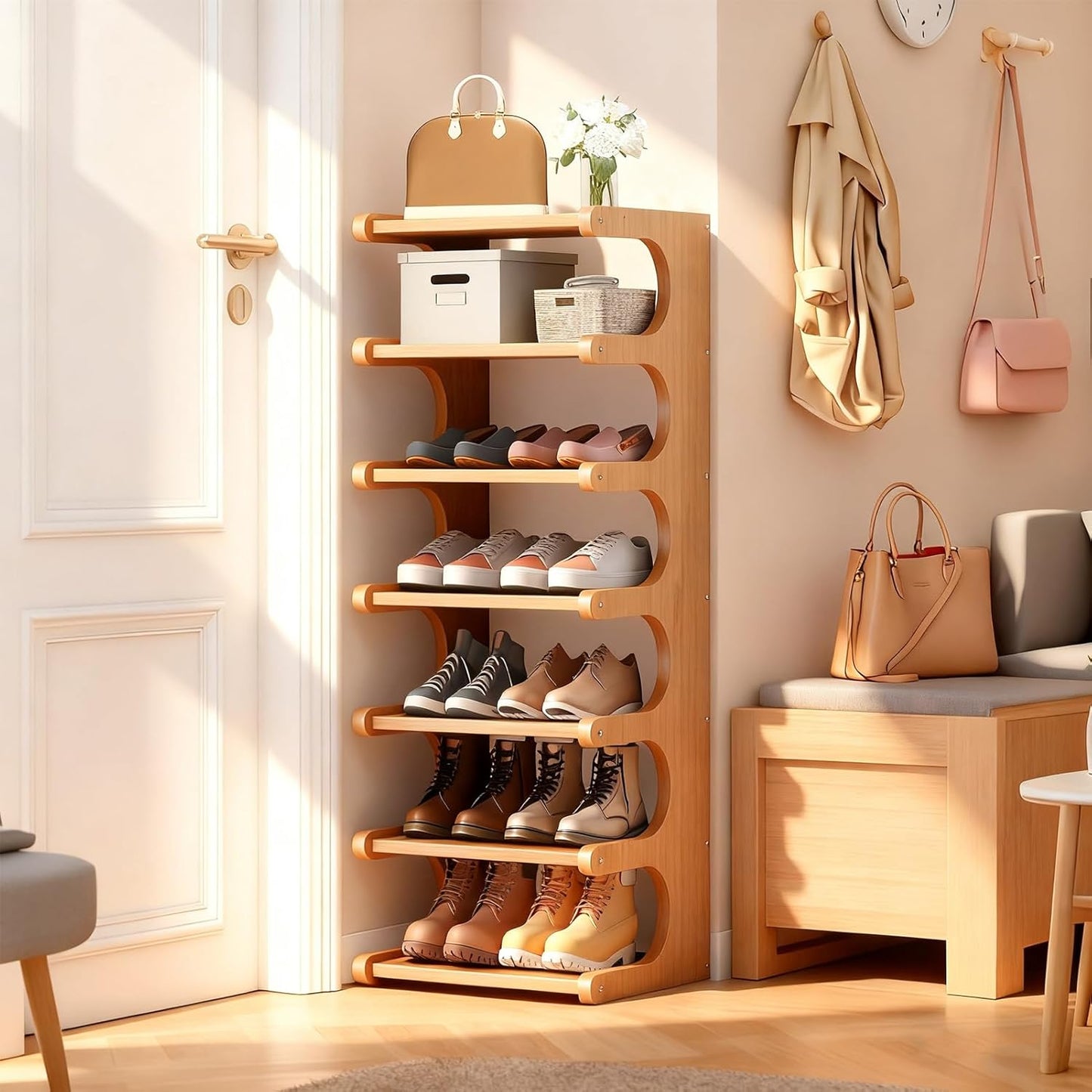 7-Tier Vertical Shoe Rack, Bamboo Free Standing Shoe Rack Shelf, Shoe Storage Stand, Entryway Shoe Tower, Vertical Shoe Organizer for Narrow Closet, Entryway, Hallway