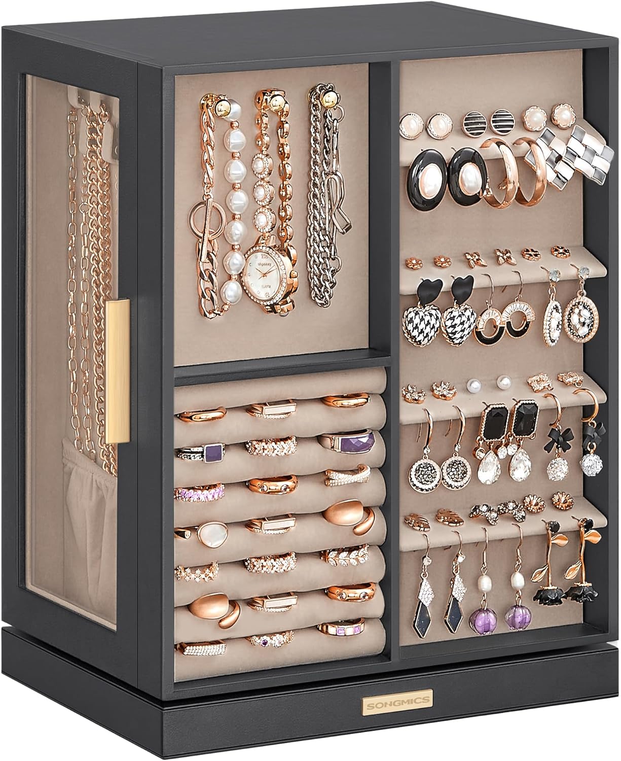 SONGMICS Jewelry Box 360° Rotating, Jewelry Storage Case with 5 Drawers, Jewelry Organizer, Glass Window, Spacious, Vertical Jewelry Storage, Open Design, Great Gift, Cloud White UJBC170W01