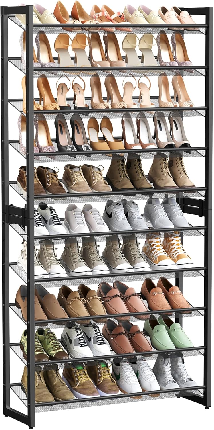 SONGMICS Shoe Rack, 8-Tier Shoe Organizer, Metal Rack for Garage, Set of 2, 4-Tier Stackable Shelf, with Adjustable Flat or Angled Shelves, 32-40 Pairs, Ink Black ULMR08B