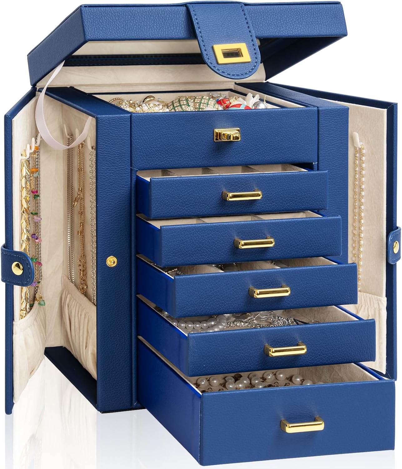 AKOZLIN Huge Jewelry Box Organizer Functional Lockable, Large Leather Jewelry Storage Case for Women Girls Ring Necklace Earring Bracelet Holder Organizer with Mirror