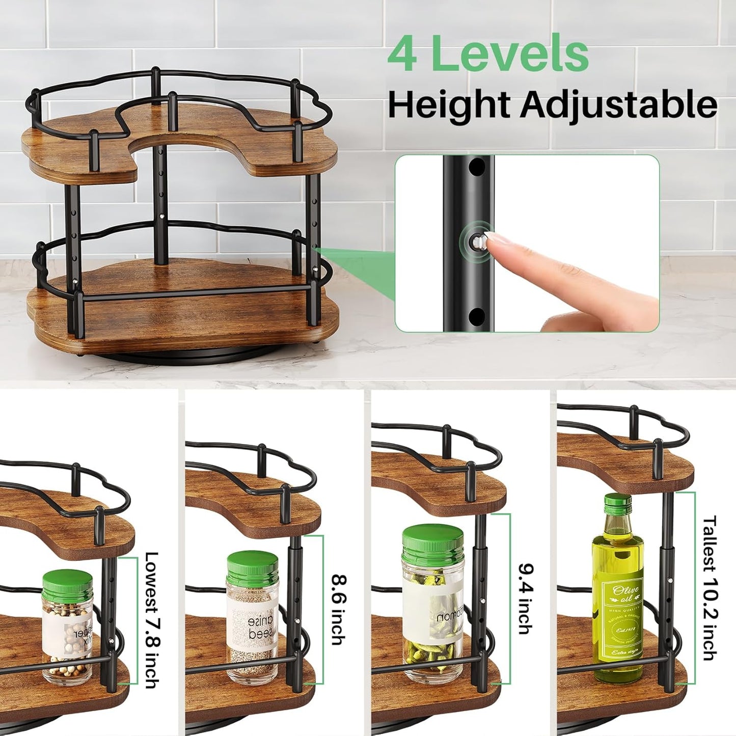 Spice Rack Organizer for Cabinet - Height Adjustable Rotating Lazy Susan, Wooden Spice Organization for Tabletop, Pantry, or Kitchen Counter, Fits Cabinets Over 11" Wide and 10.3" High