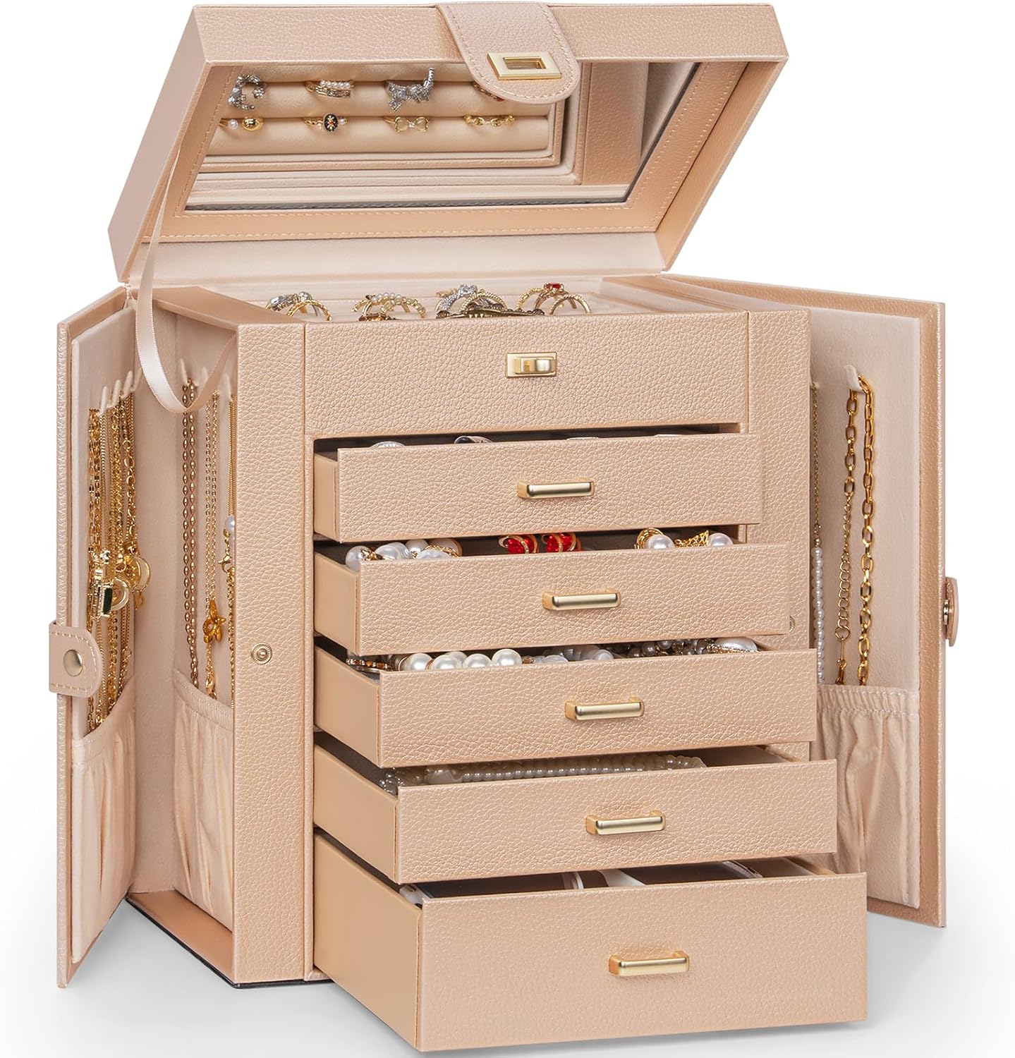 AKOZLIN Huge Jewelry Box Organizer Functional Lockable, Large Leather Jewelry Storage Case for Women Girls Ring Necklace Earring Bracelet Holder Organizer with Mirror