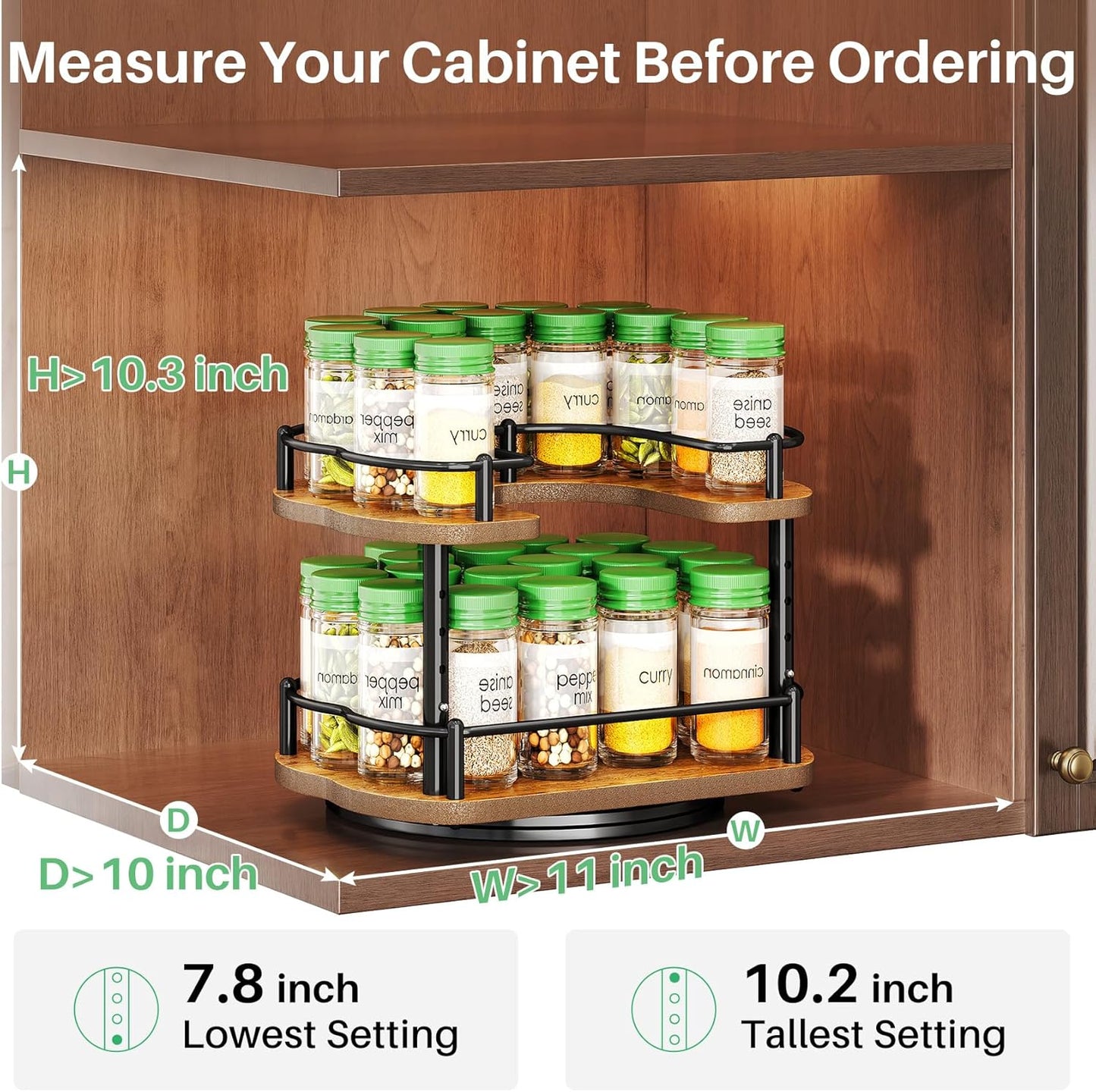 Spice Rack Organizer for Cabinet - Height Adjustable Rotating Lazy Susan, Wooden Spice Organization for Tabletop, Pantry, or Kitchen Counter, Fits Cabinets Over 11" Wide and 10.3" High