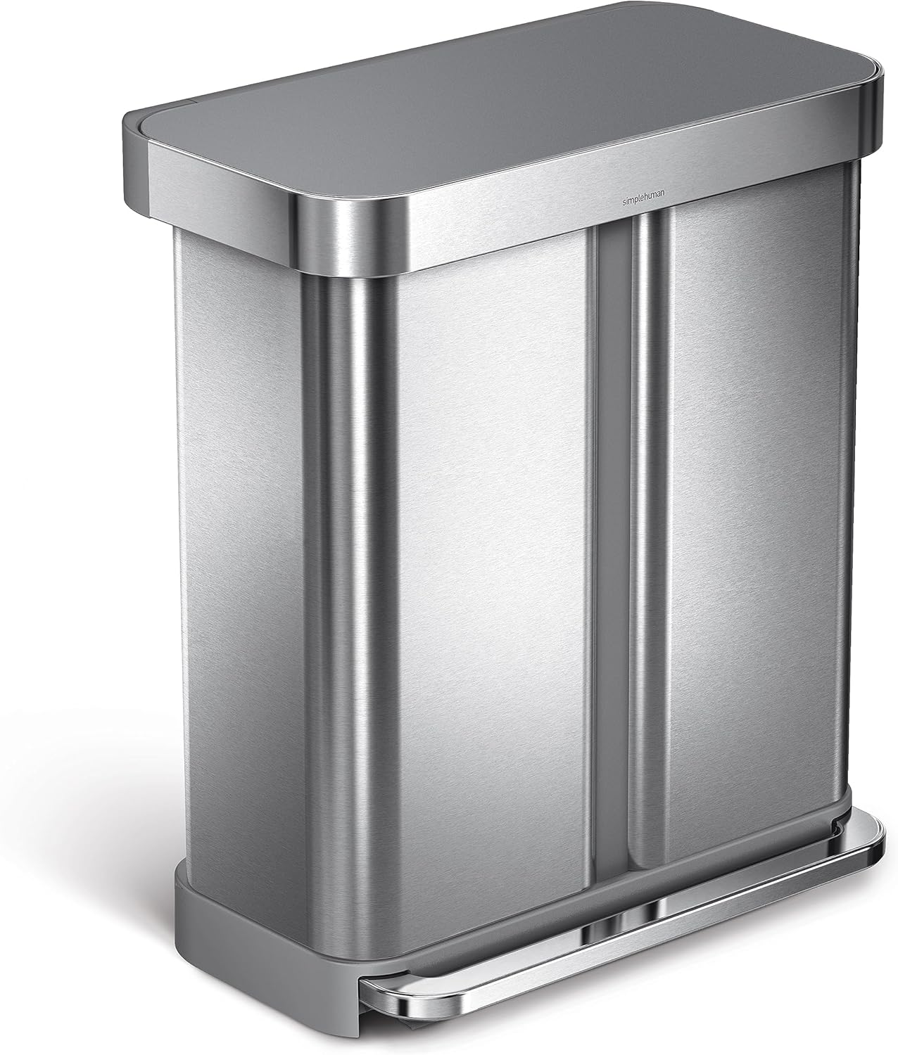 simplehuman 58 Liter / 15.3 Gallon Rectangular Dual Compartment Recycling Step, Brushed Stainless Steel with Soft-Close Plastic Lid Kitchen Trash Can