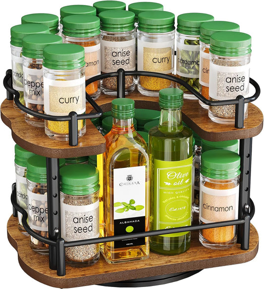 Spice Rack Organizer for Cabinet - Height Adjustable Rotating Lazy Susan, Wooden Spice Organization for Tabletop, Pantry, or Kitchen Counter, Fits Cabinets Over 11" Wide and 10.3" High