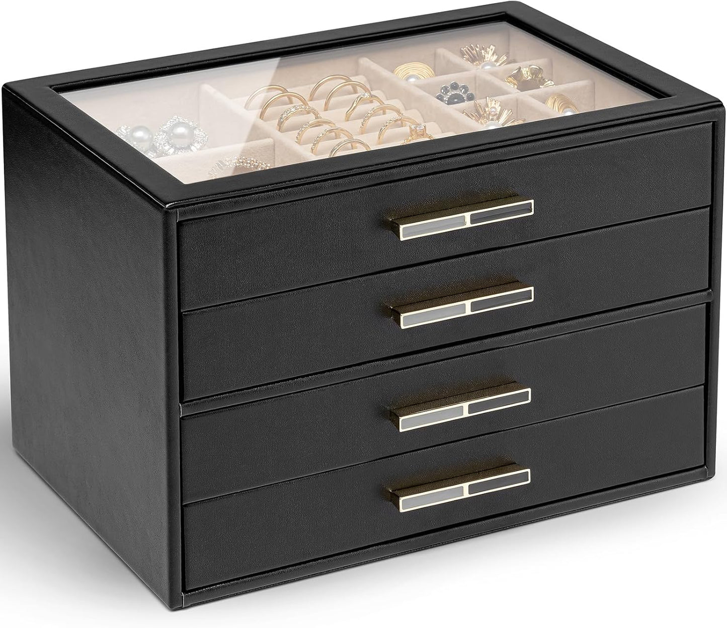 Vlando Jewelry Box for Women, Glass Lid Jewelry Organizer with 3 Drawers for Necklaces Rings Earrings Bracelets Mother Day Gift for Mom - Cloud White