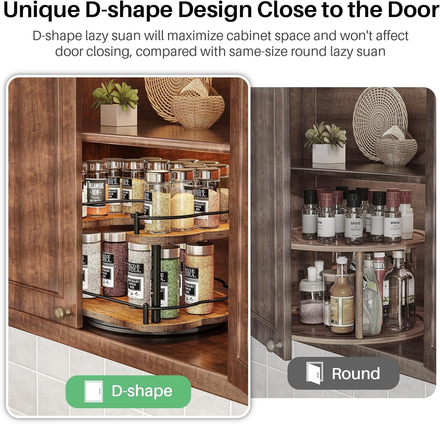 Lazy Susan Organizer Spice Rack - Spice Organization for Cabinet Height Adjustable Rotating Lazy Turntable, Pantry Kitchen Wood Revolving Seasoning Organizer (12 Inch)