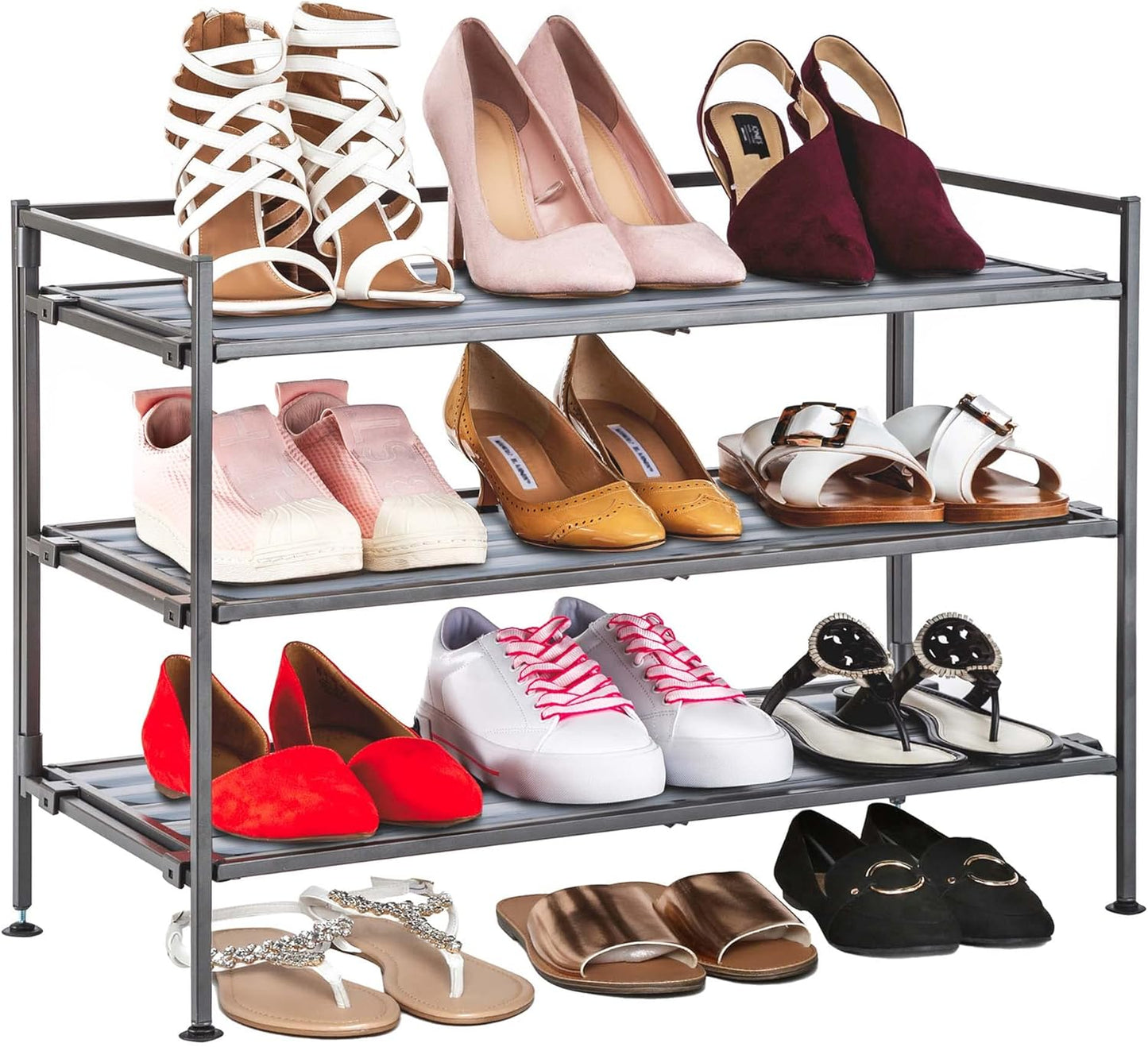 Seville Classics Sturdy Freestanding Storage Shelf for Bedroom, Closet, Entryway, Dorm Room Organizer, Stackable Durable Metal Shoe Rack, Espresso Slat, 3-Tier (2-Pack)