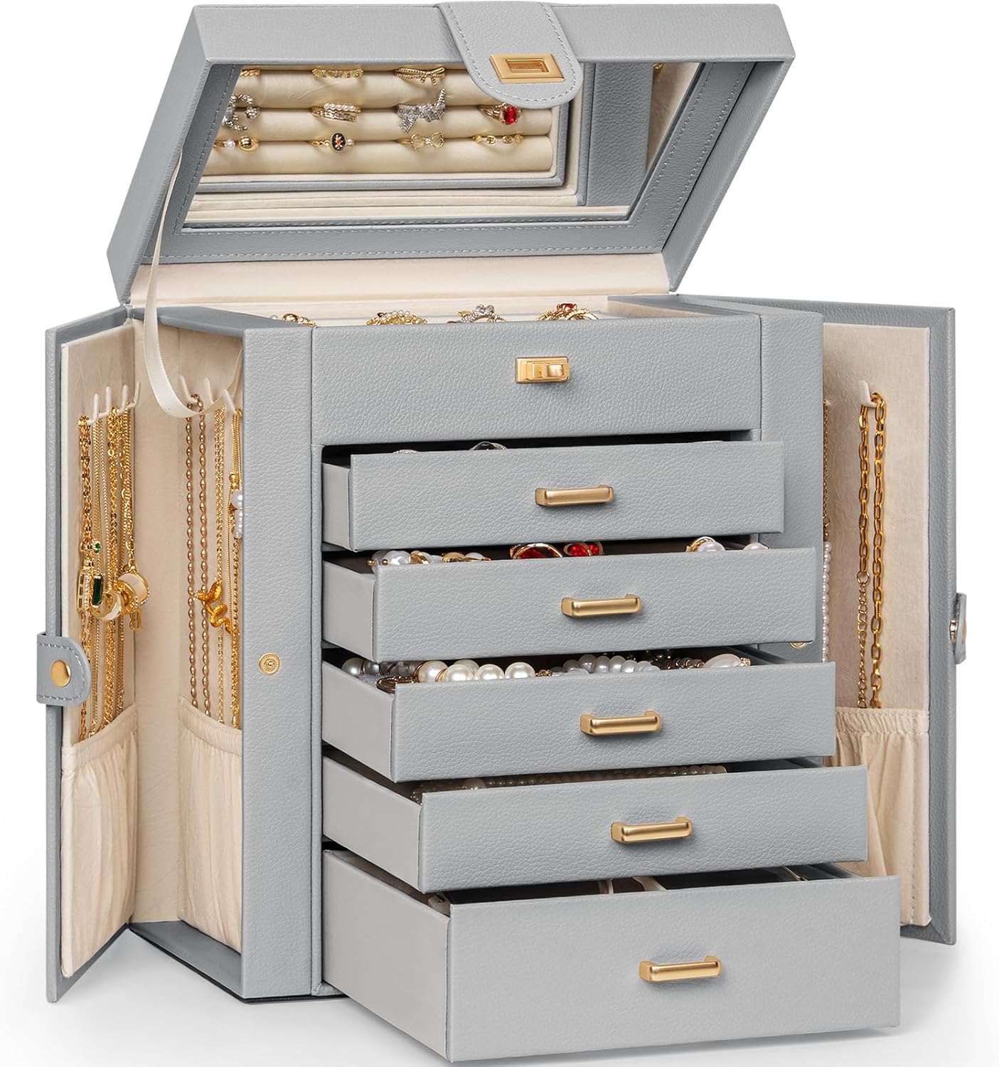 AKOZLIN Huge Jewelry Box Organizer Functional Lockable, Large Leather Jewelry Storage Case for Women Girls Ring Necklace Earring Bracelet Holder Organizer with Mirror