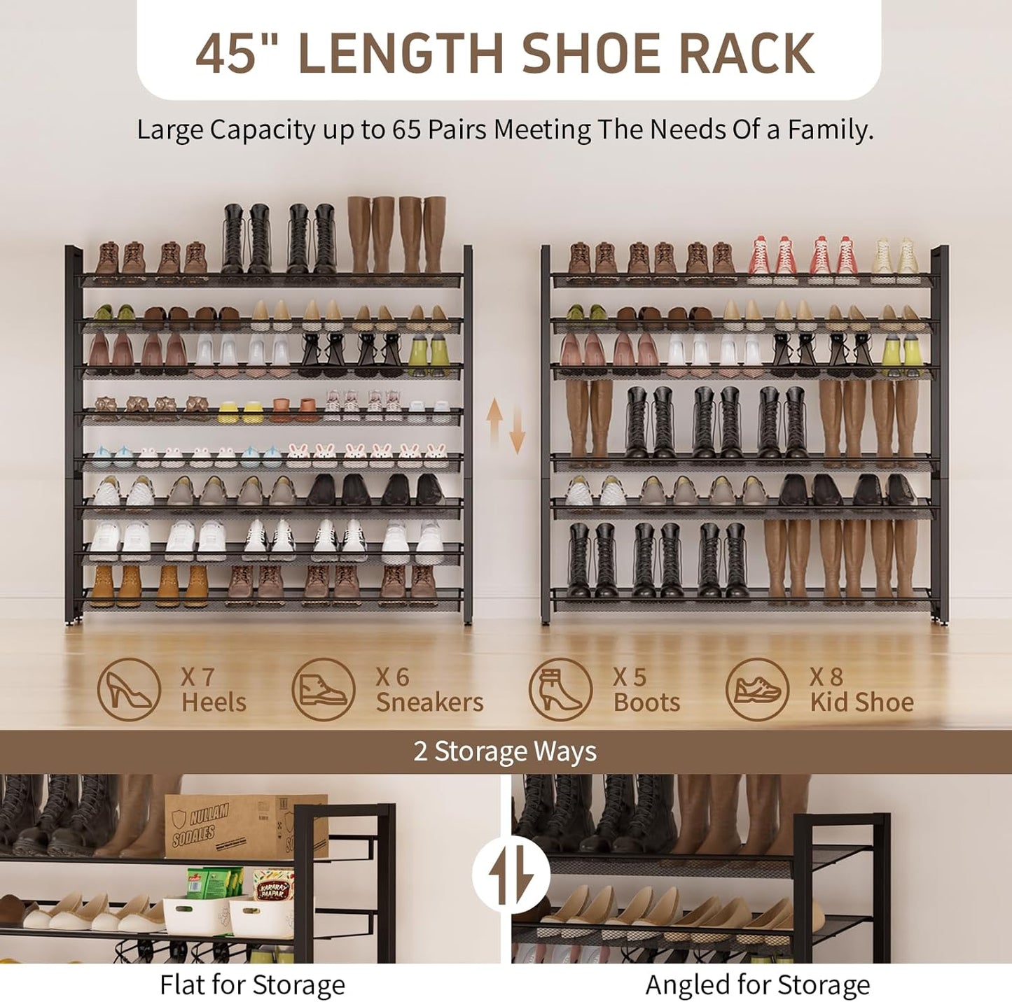 Metal Shoe Rack,Large 8 Tier Shoe Organizer, Heavy Duty Metal 4-Tier Stackable Shoe Storage Vertical Shoe Rack for Closet Front Door,Entrance,Entryway,Garage,Up to 50 Pairs,Black