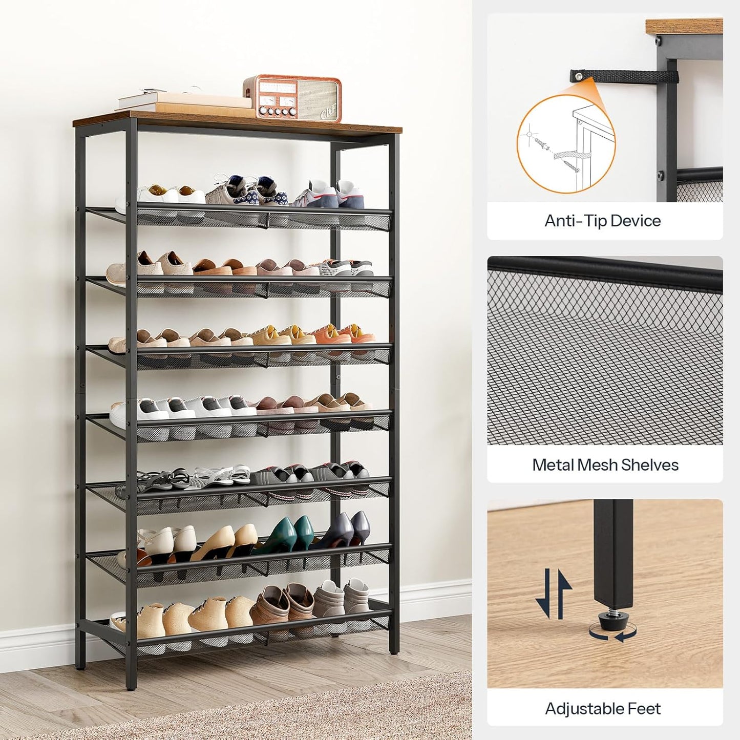 HOOBRO 8-Tier Shoe Rack, 29.5"L Shoe Shelf, Large Capacity Shoe Storage Organizer for 21-24 Pairs of Shoes, Front Door Entrance, Entryway, Hallway, Closet, Space Saver, Rustic Brown and Black BF18XJ01