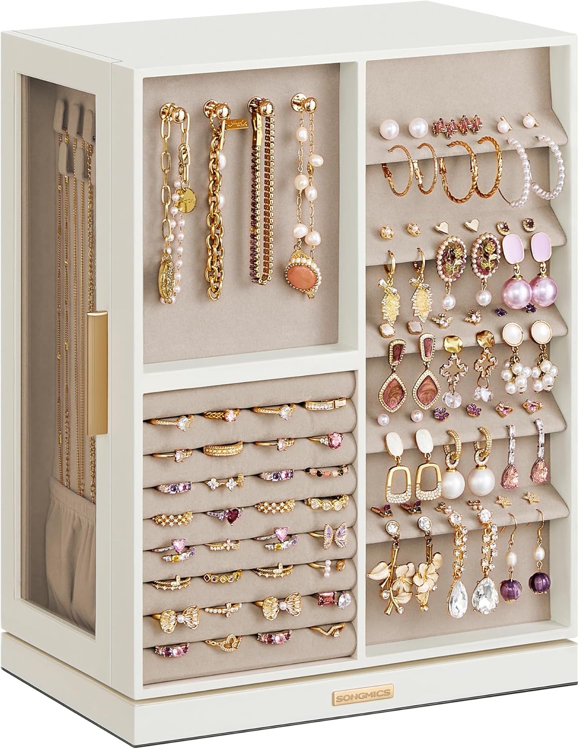 SONGMICS Jewelry Box 360° Rotating, Jewelry Storage Case with 5 Drawers, Jewelry Organizer, Glass Window, Spacious, Vertical Jewelry Storage, Open Design, Great Gift, Cloud White UJBC170W01