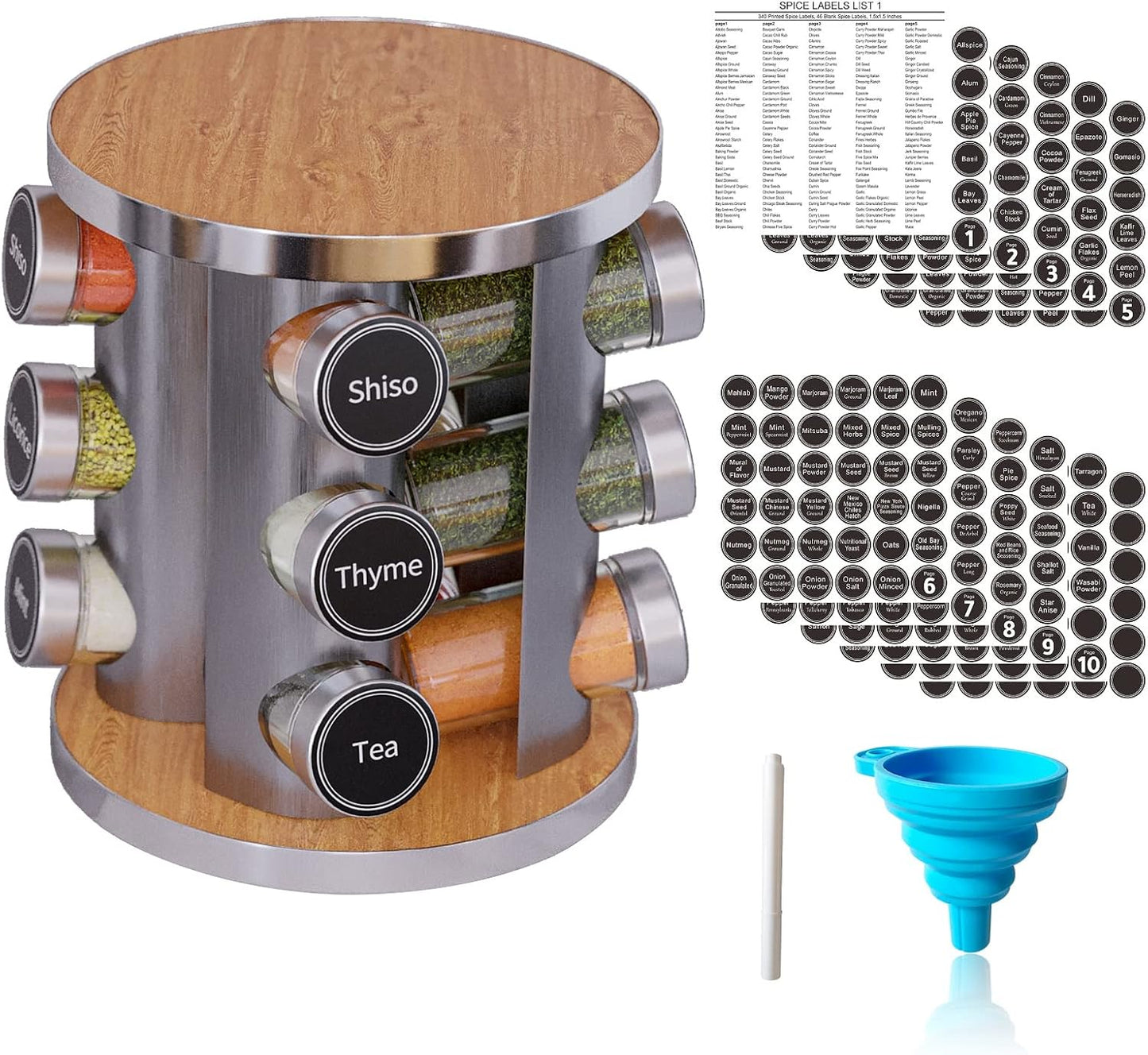 New England Stories Revolving Spice Rack Set with 20 Spice Jars, Kitchen Spice Tower Organizer for Countertop or Cabinet - Carousel Storage Includes 386 Spice Labels (Bamboo)