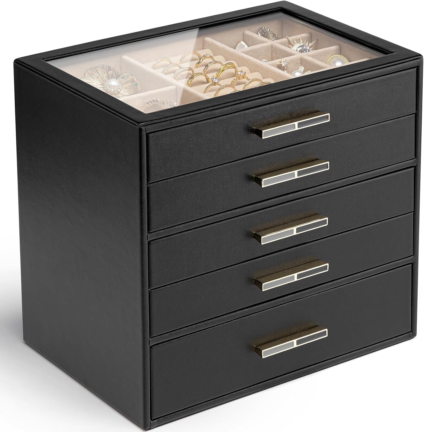 Vlando Jewelry Box for Women, Glass Lid Jewelry Organizer with 3 Drawers for Necklaces Rings Earrings Bracelets Mother Day Gift for Mom - Cloud White