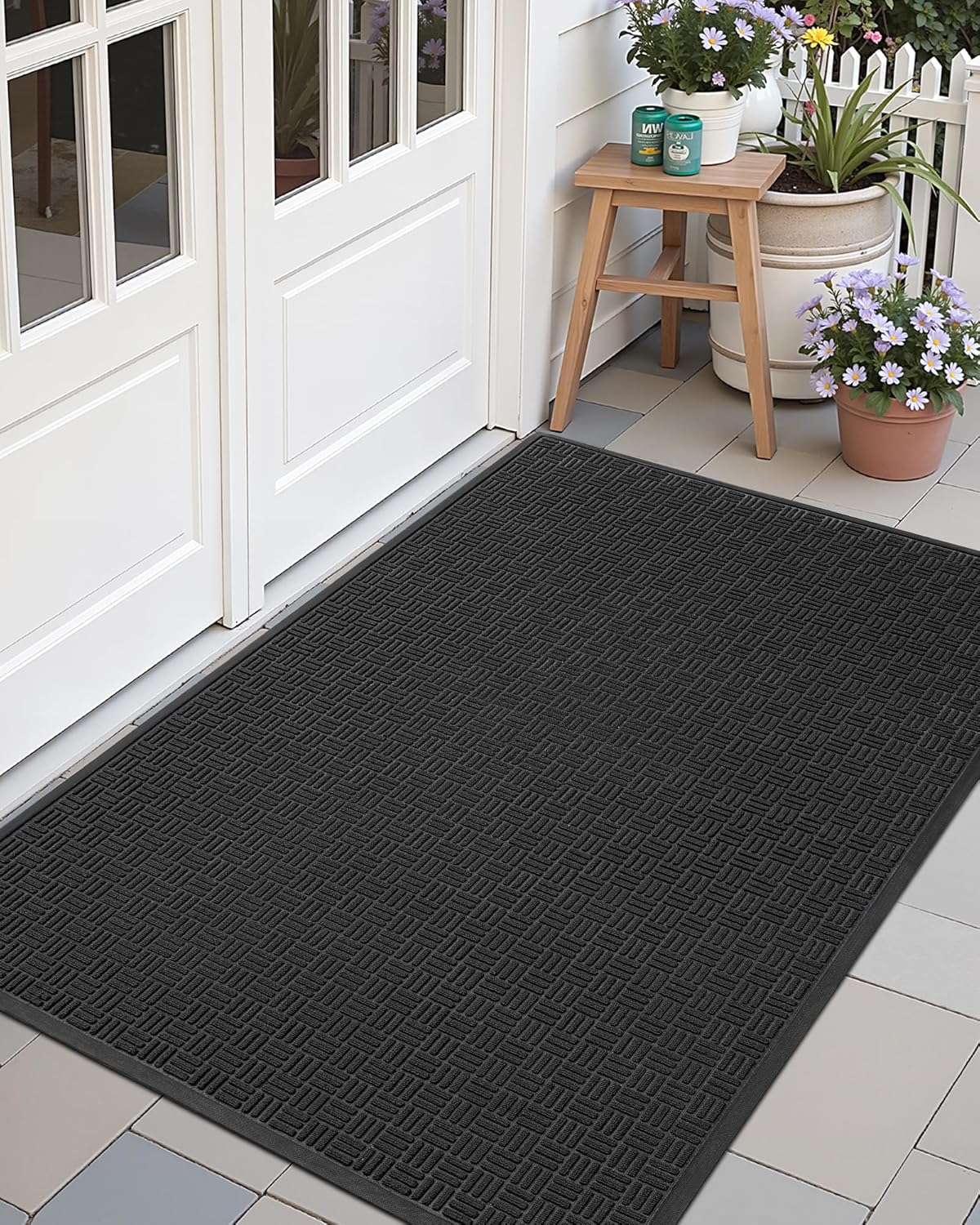 Color&Geometry Front Door Mat Outside Entrance, Heavy Duty Non Slip Low Profile Doormat for Entryway, Trap Dirt and Moisture Welcome Mats All-Weather, Easy Clean, Patio, Garage, 24"x36" Black