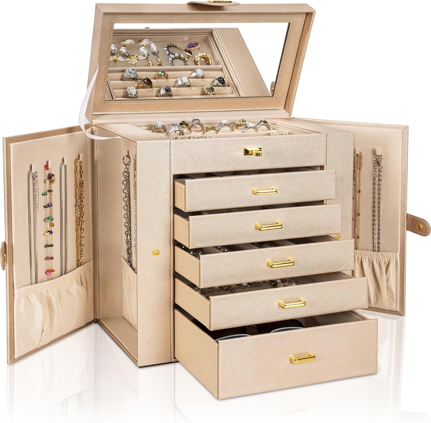 AKOZLIN Huge Jewelry Box Organizer Functional Lockable, Large Leather Jewelry Storage Case for Women Girls Ring Necklace Earring Bracelet Holder Organizer with Mirror